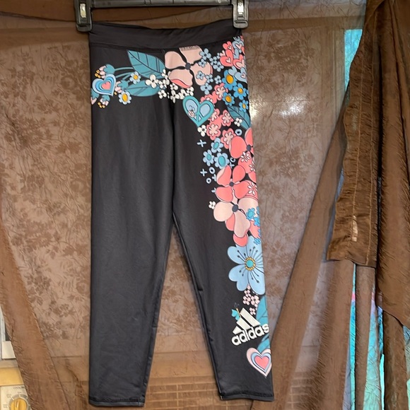 Black Floral Print Adidas Leggings - Picture 1 of 3